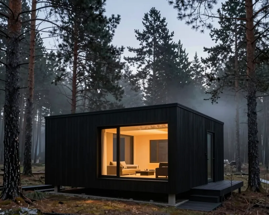 Cabane moderne en bois noir aux grandes baies éclairées, dans une pinède brumeuse