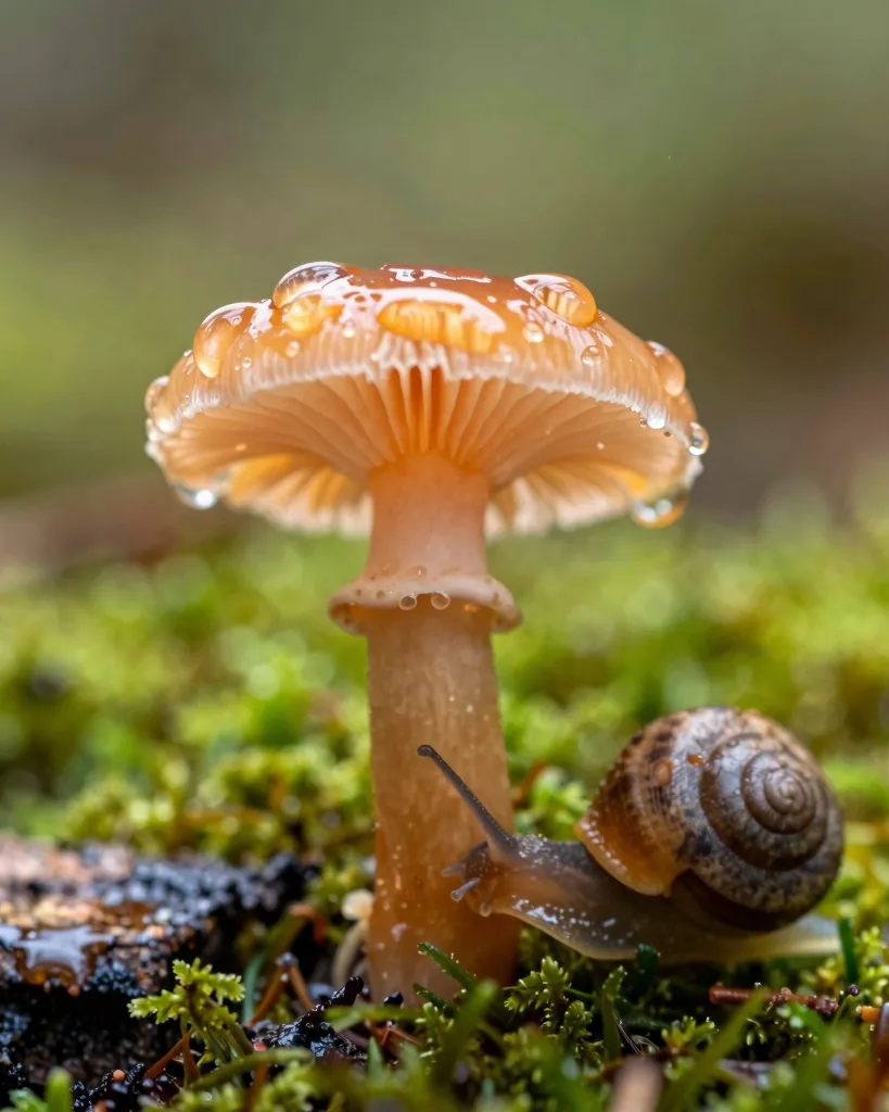 Macro d'un petit champignon orangé couvert de gouttes, un escargot à son pied