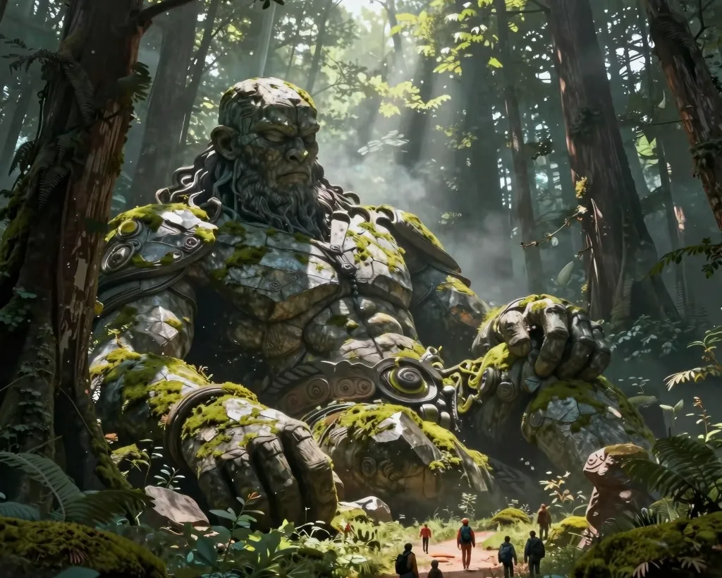 Concept art d'un géant de pierre moussu endormi dans une forêt, de minuscules voyageurs à ses pieds