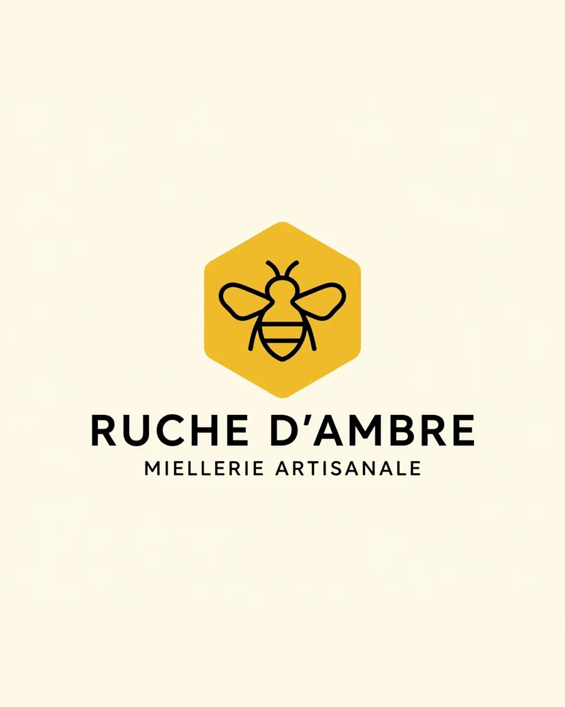 Logo d'une miellerie imaginaire, Ruche d'Ambre : une abeille dans un hexagone jaune moutarde, sur fond crème