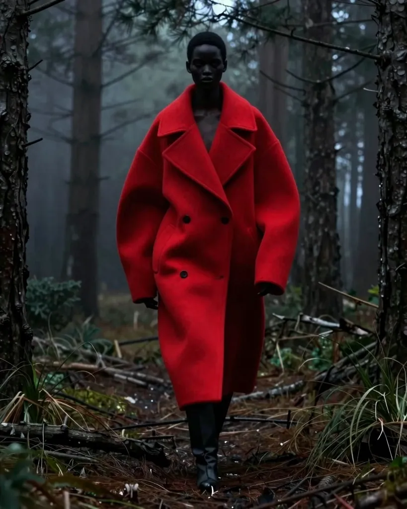 Mannequin en manteau rouge oversize marchant dans une forêt de pins sombre et brumeuse