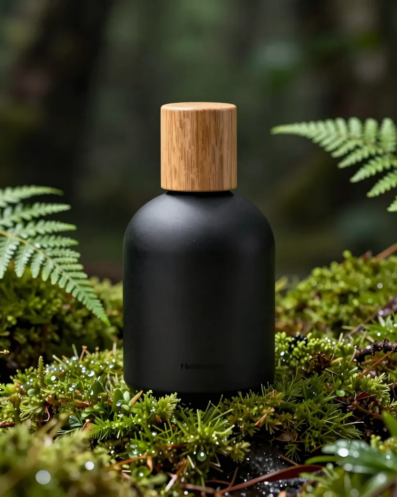 Flacon de parfum noir mat au bouchon en chêne, posé sur de la mousse et des fougères