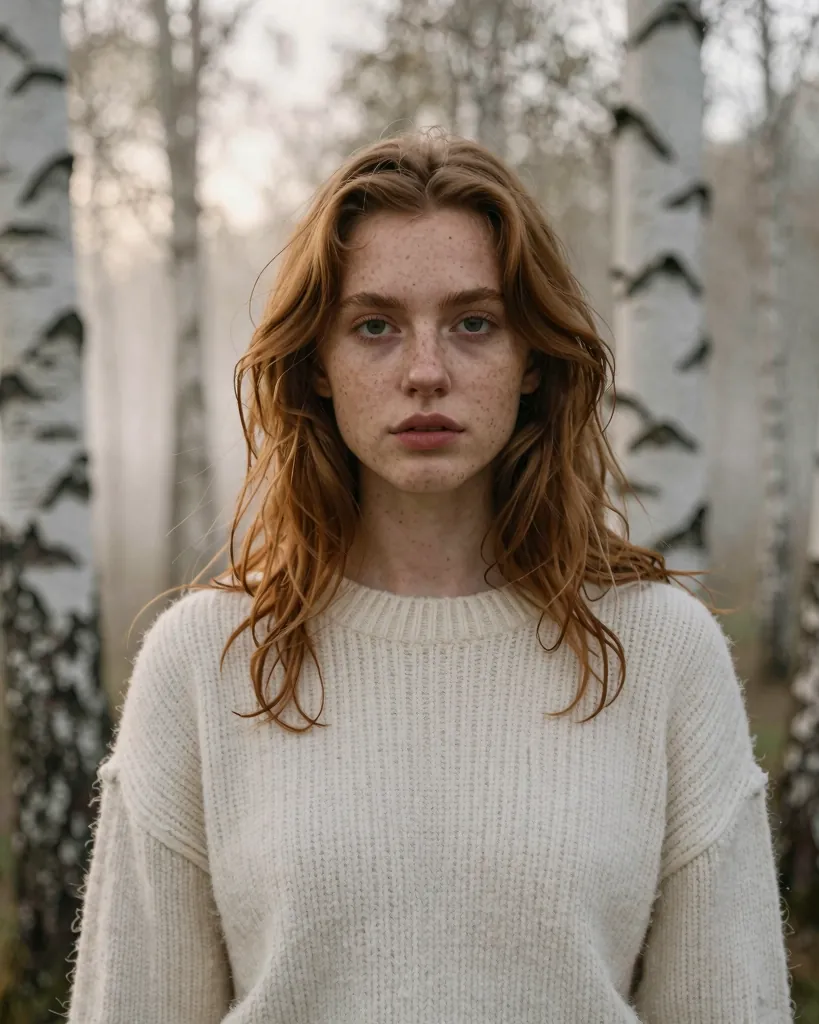 Portrait d'une jeune femme rousse aux taches de rousseur, entre des bouleaux dans la brume