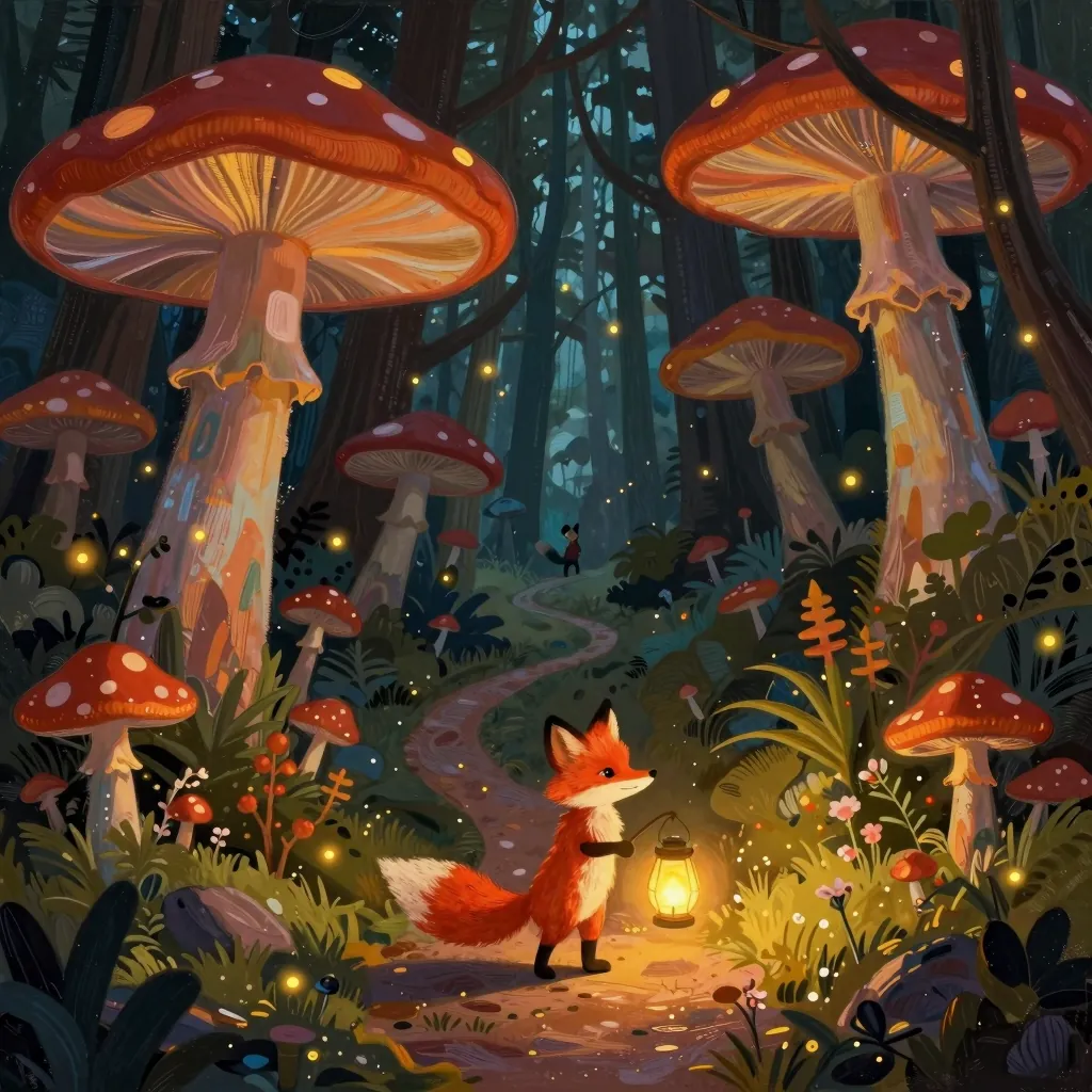Illustration à la gouache d'un renard portant une lanterne dans une forêt de champignons géants