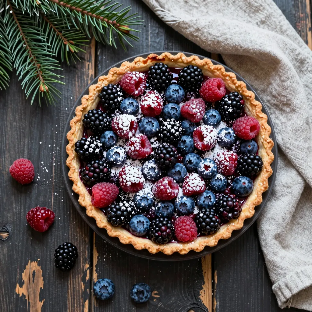Tarte aux fruits des bois vue du dessus, sur une table en bois sombre